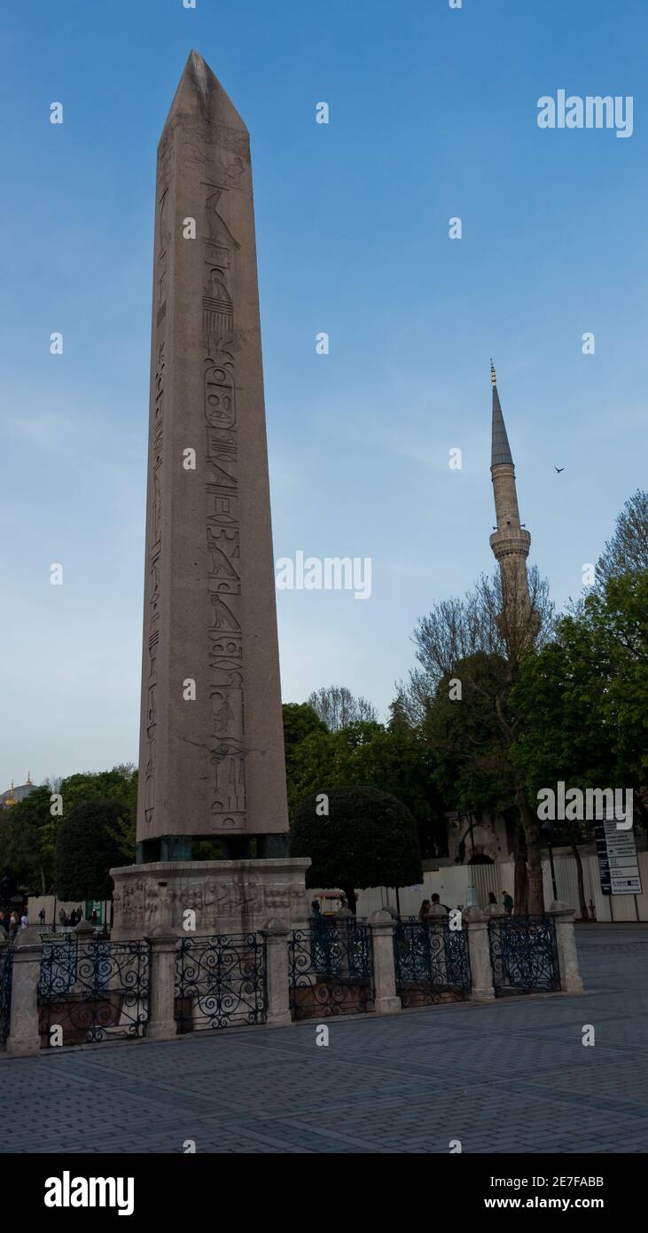 Theodosius ancient egyptian obelisk dated 1400 B.C. with hieroglyphics, re-erected at Constantinopolis in the 4th century A.D., historic part of Istan Stock Photo
