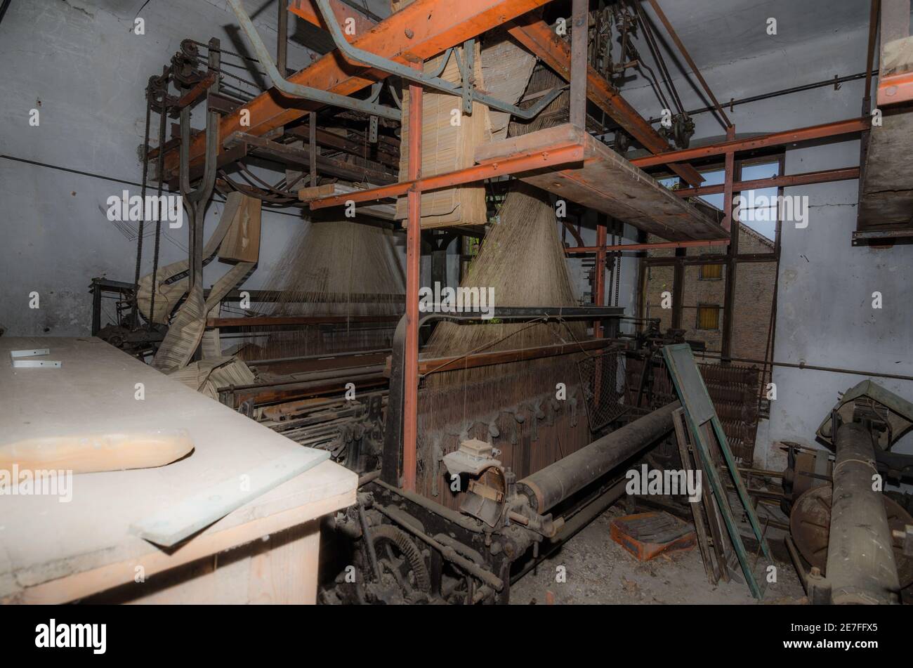 old loom with the clamped yarn Stock Photo