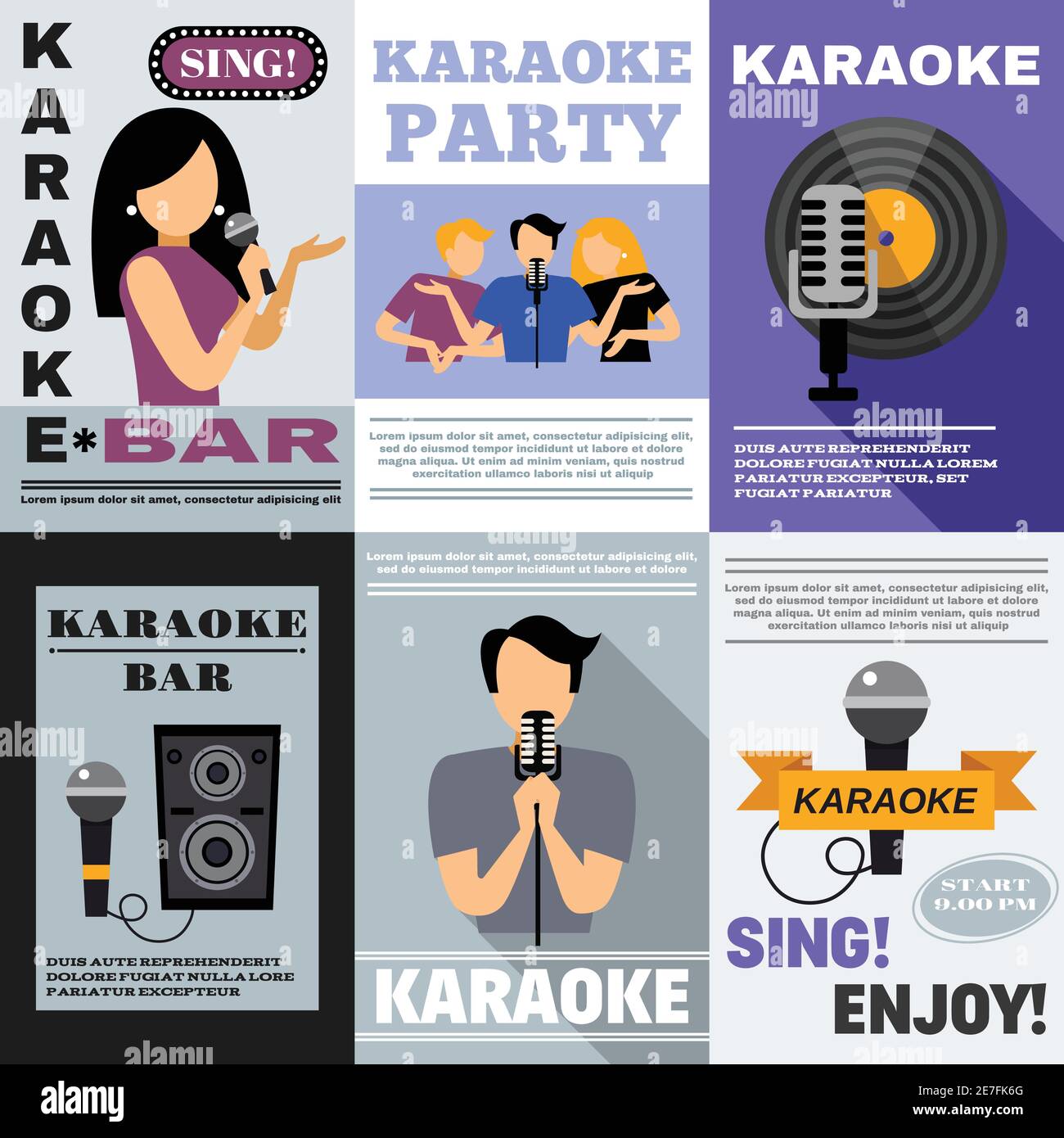 Karaoke bar mini poster set with singing people isolated vector