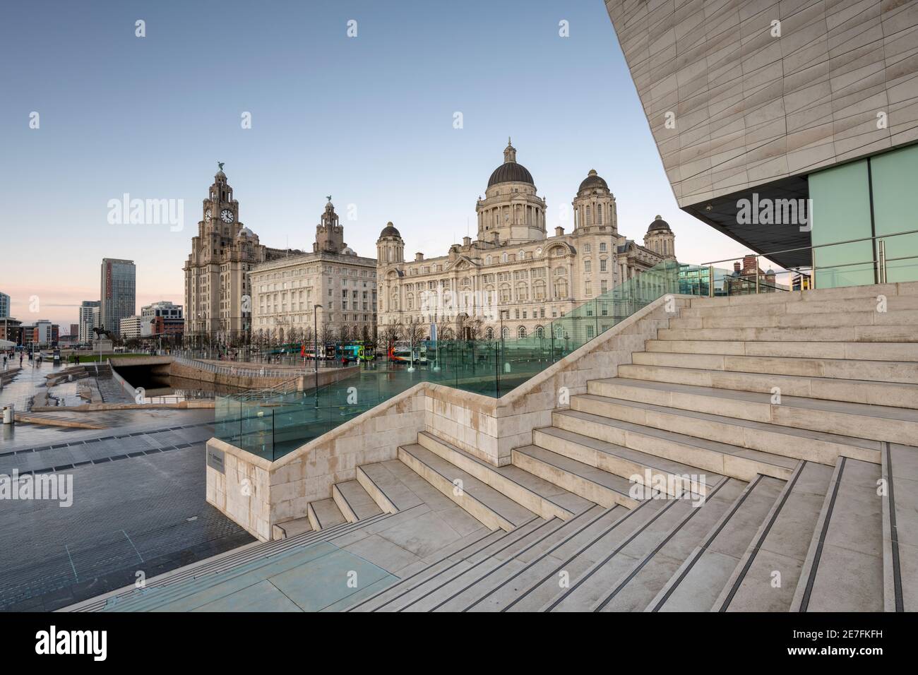 The Liverpool waterfront from the steps of Liverpool Museum, Liverpool, Merseyside Stock Photo