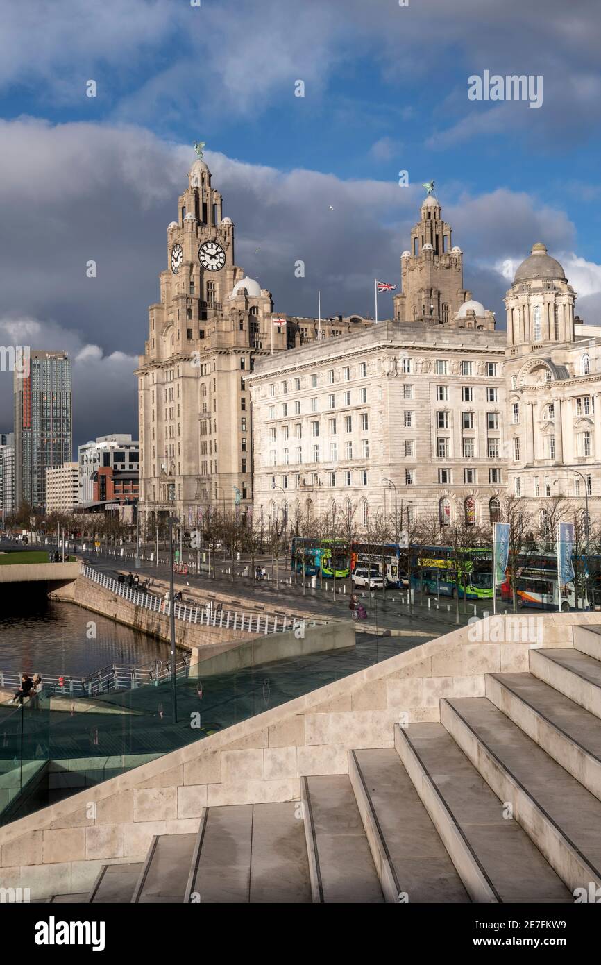 The Pier head and Royal Liver buildings, Liverpool waterfront,  Merseyside Stock Photo