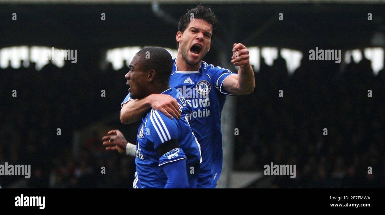 Chelsea's Salomon Kalou (L) celebrates with team mate Michael Ballack after  scoring a goal during their English Premier League soccer match against  Fulham at Craven Cottage in London January 1, 2008. NO