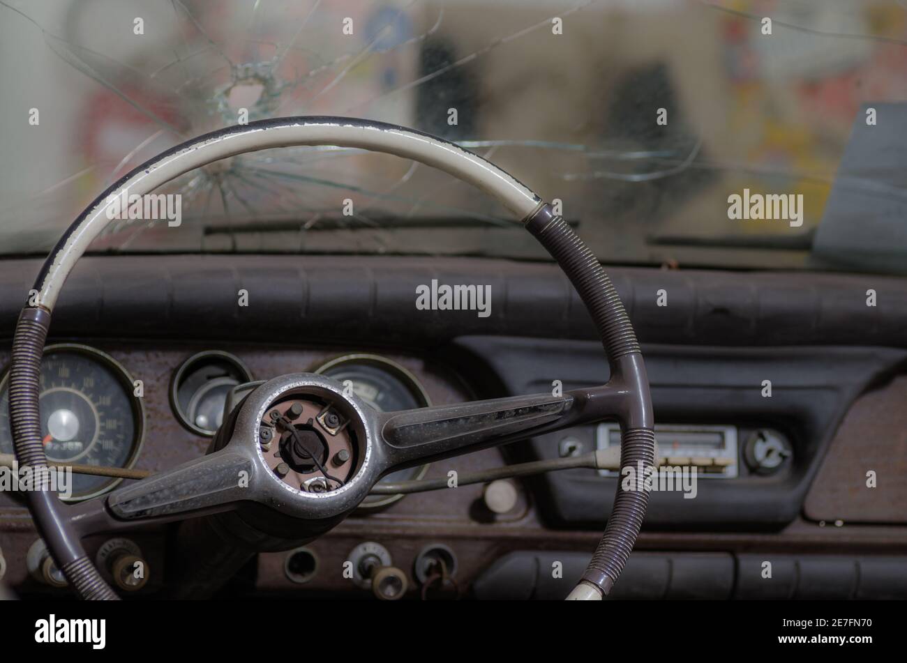 old car with a bullet hole Stock Photo