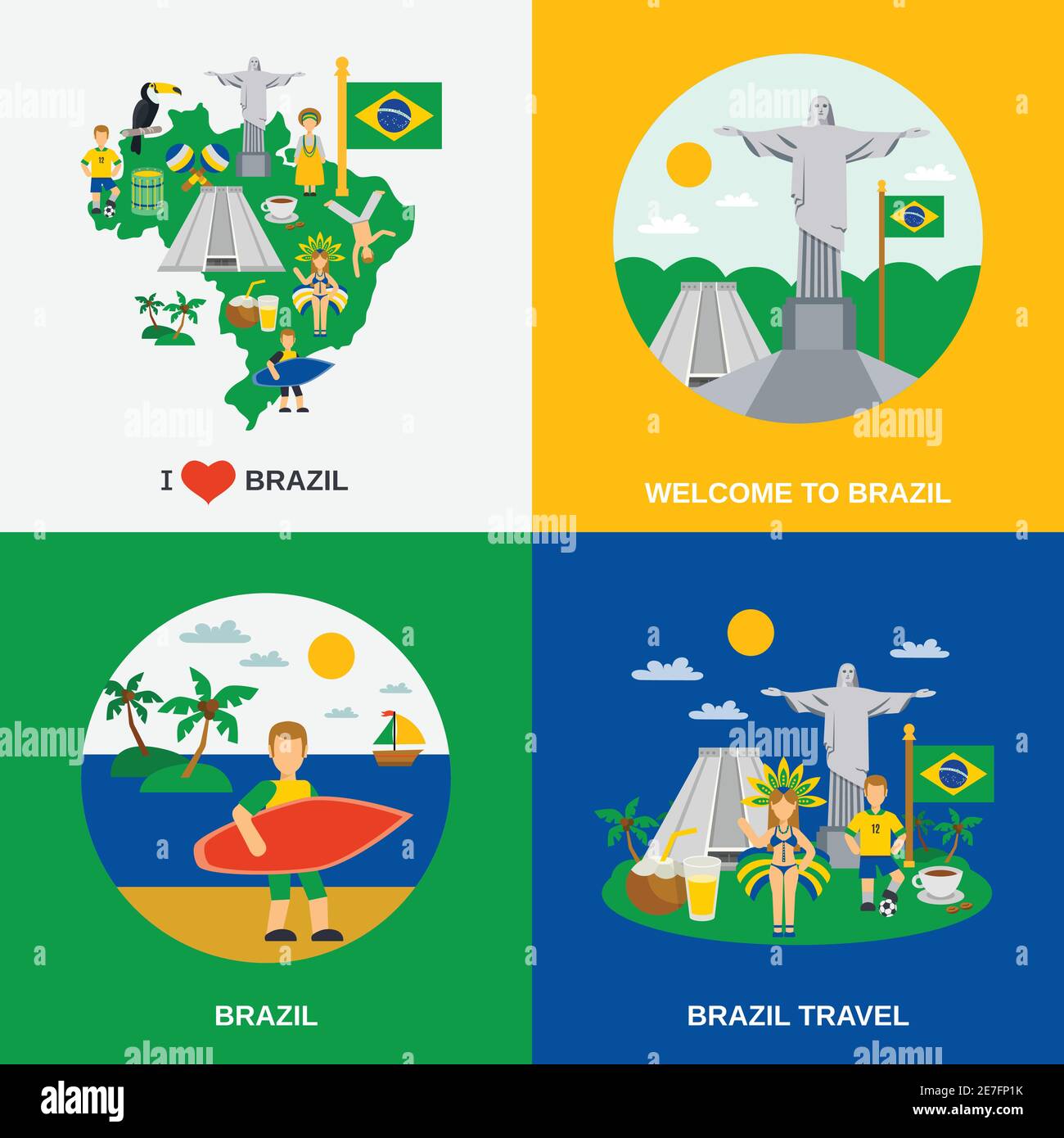 World cultural travel 4 flat icons square composition with brazilian ...