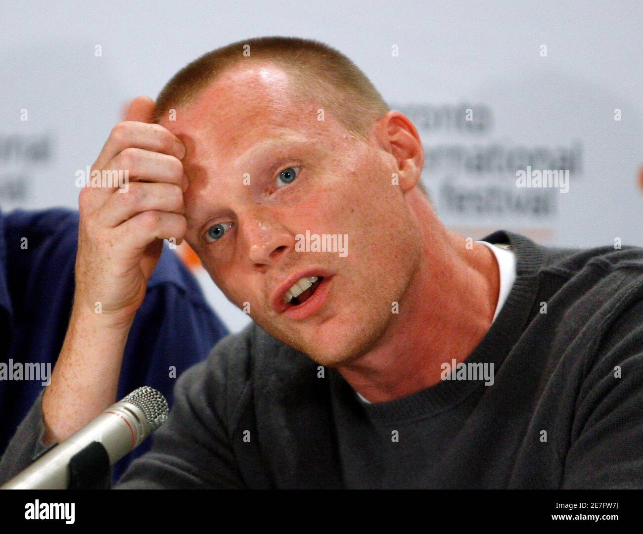 British actor Paul Bettany speaks during the news conference for the film 'Creation' at the Toronto International Film Festival September 11, 2009. The Toronto International Film Festival made a rare break with tradition at its gala opening on Thursday night, debuting British drama 'Creation' at the key event long considered a starting point in the race for Oscars.      REUTERS/Mike Cassese   (CANADA ENTERTAINMENT) Stock Photo