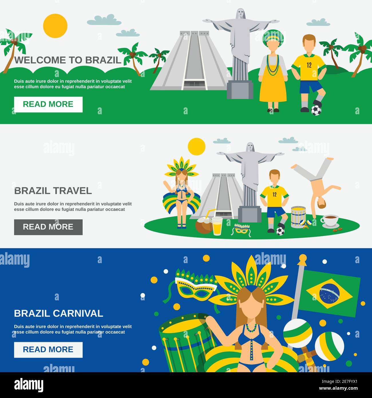 Brazil cultural travel information interactive web page 3 flat banners set for tourist and visitors abstract vector illustration Stock Vector