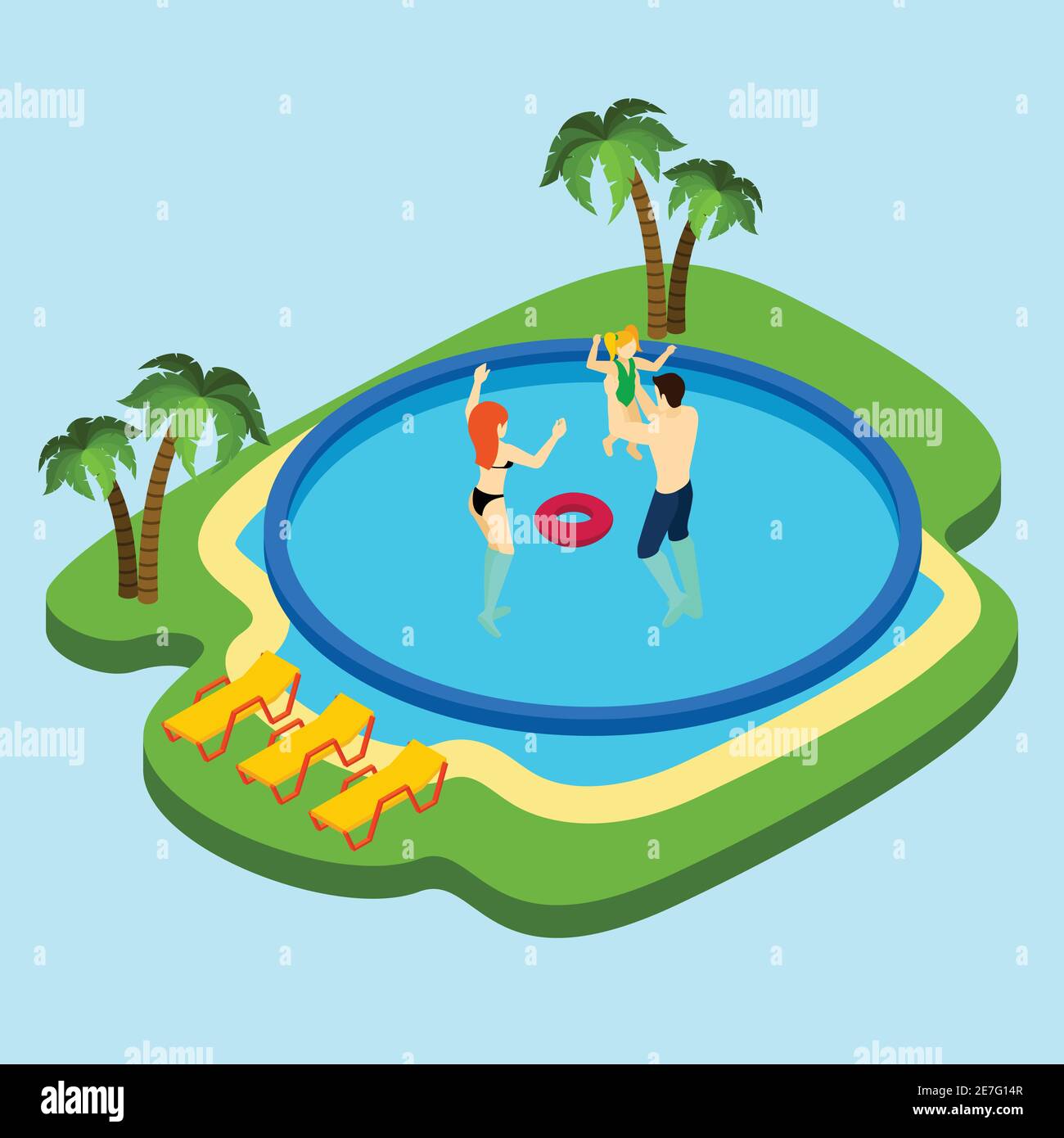 Round swimming pool with parents and daughter on blue background  isometric vector illustration Stock Vector
