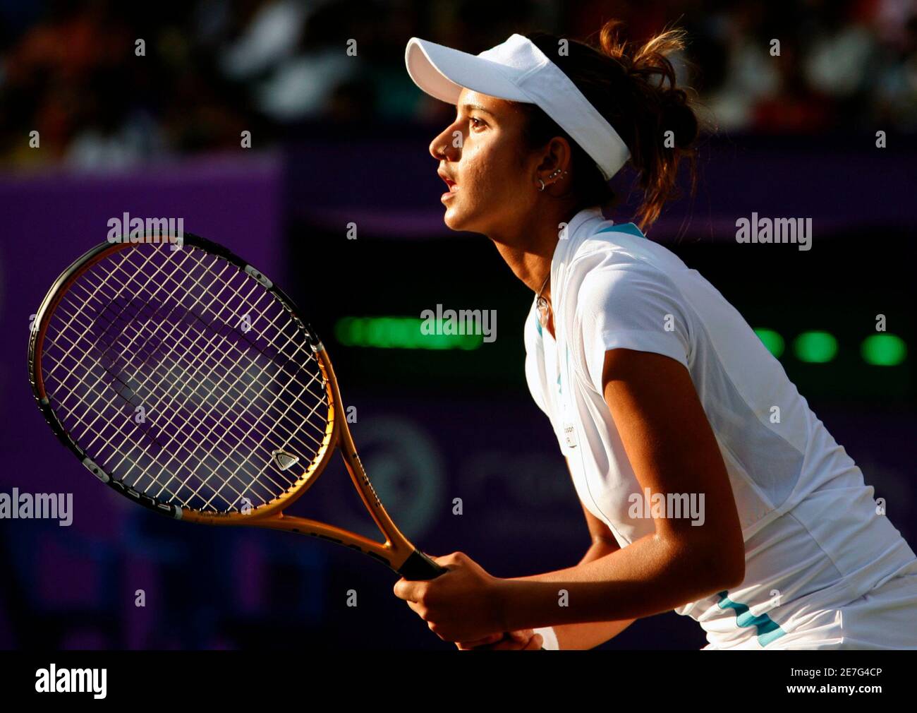 India's Sania Mirza stands on the court during her match against Russia's  Yaroslava Shvedova at the Women's Open tennis tournament in the southern  Indian city of Bangalore February 16, 2007. REUTERS/Jagadeesh Nv (