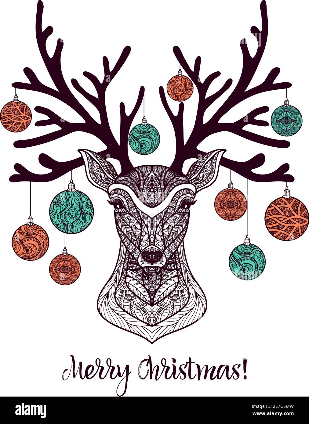Colored christmas deer with ornament and decoration balls on antlers ...