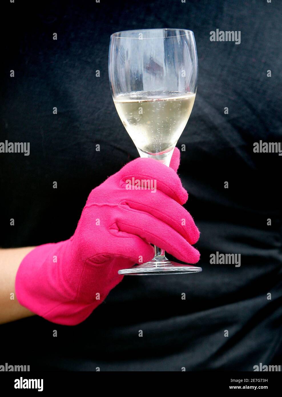 A woman holds a glass of champagne before the start of the first race of the Epsom Derby Festival at Epsom Downs in Surrey, southern England, June 6, 2008.    REUTERS/Darren Staples   (BRITAIN) Stock Photo