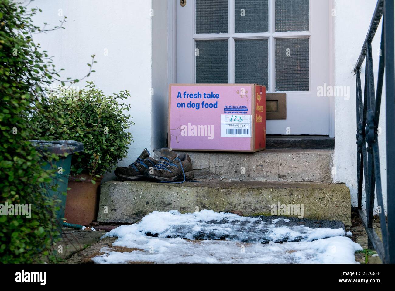 A dog food delivery box on the doorstep outside the front door of a house by a pair
