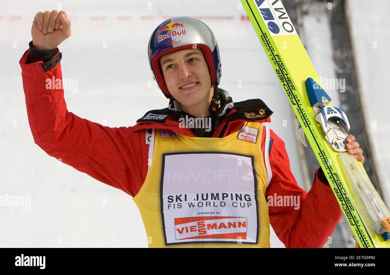Austria's Gregor Schlierenzauer wears the yellow bib after finishing first  during World Cup Ski Jumping in Whistler, British Columbia January 24,  2009. REUTERS/Andy Clark (CANADA Stock Photo - Alamy