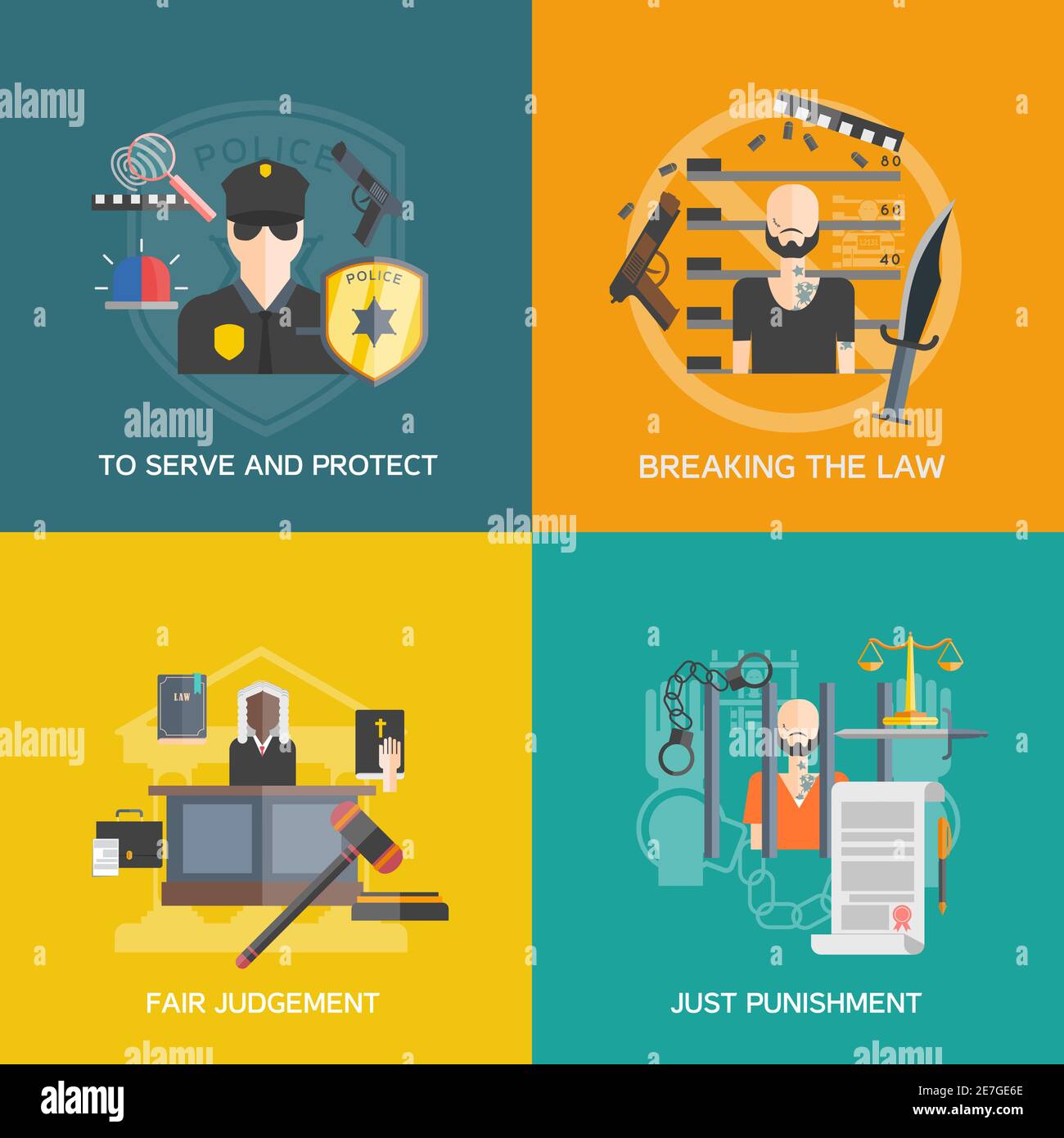 Fair judgement and just punishment icons set with breaking the law and police flat isolated vector illustration Stock Vector