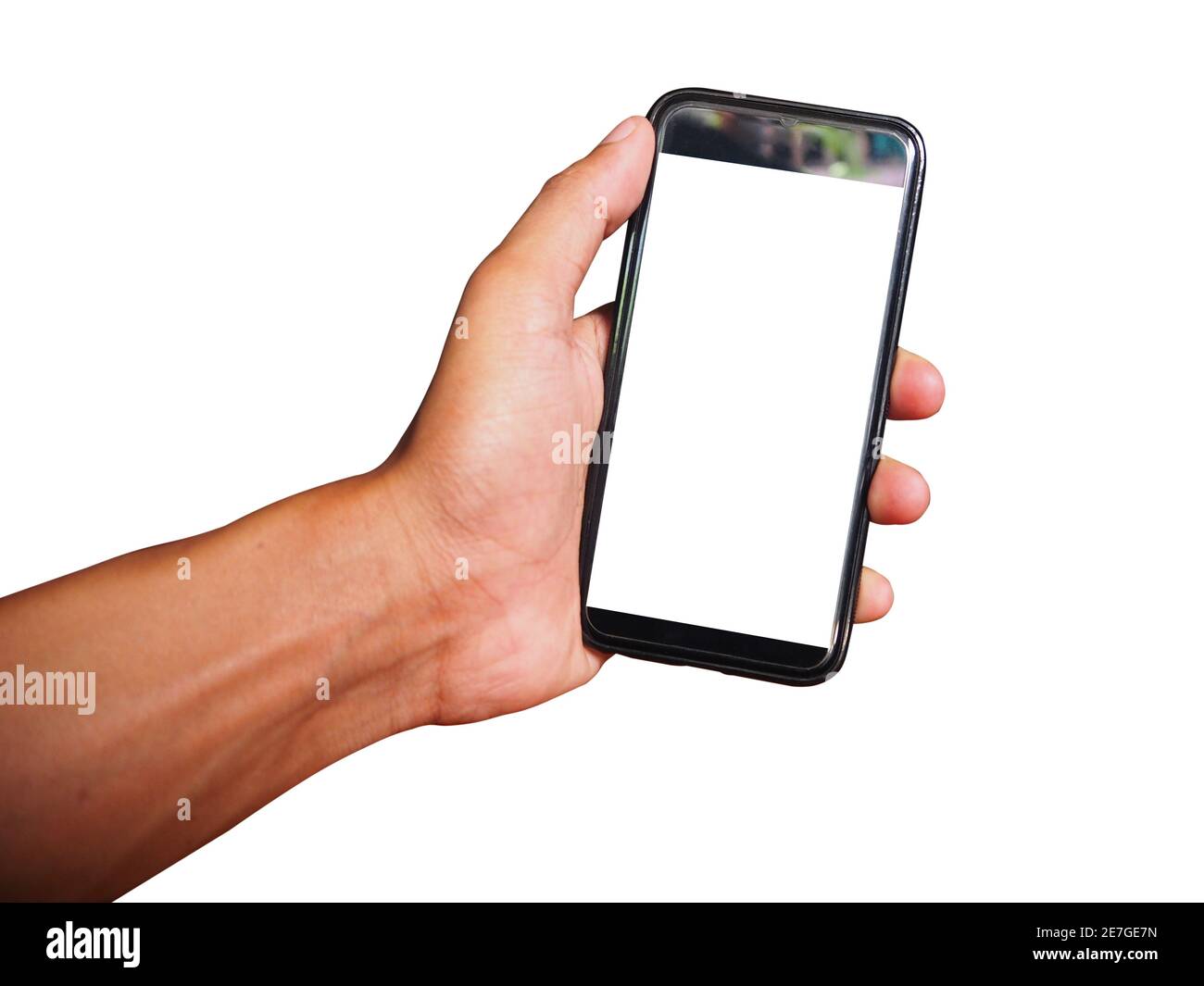 Young man hand holding black smartphone with blank screen isolated on ...