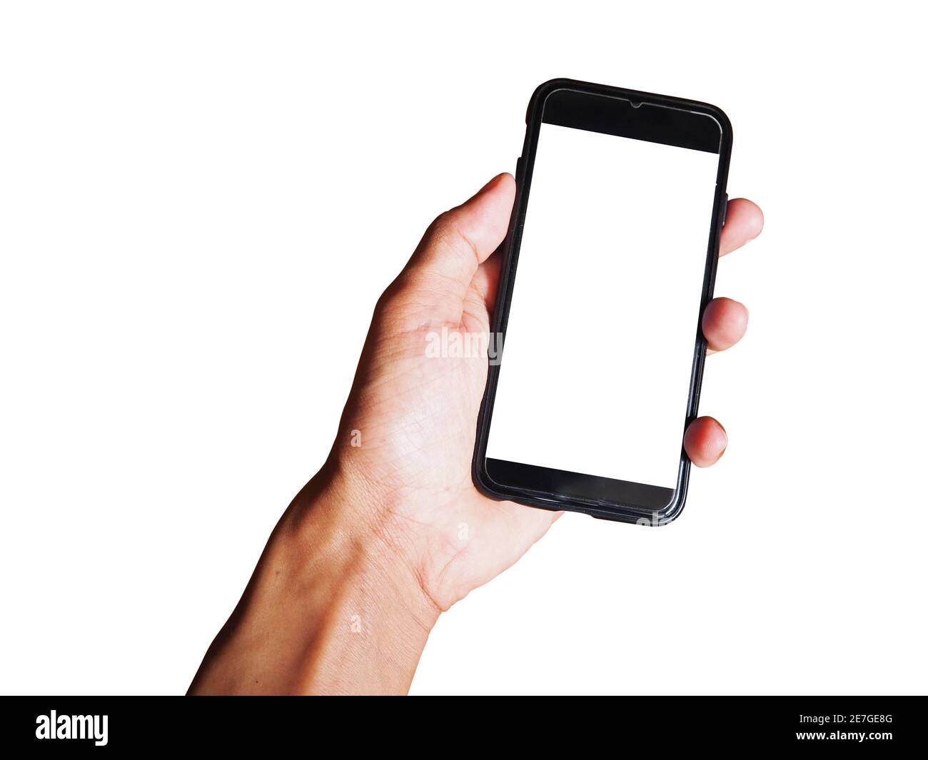 Young man hand holding black smartphone with blank screen isolated on white background. Space for text or design Stock Photo