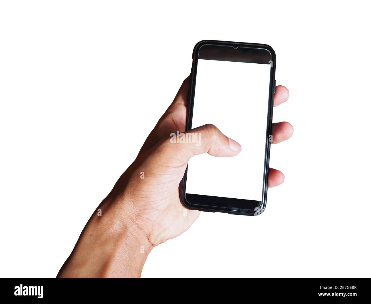 Young man hand holding black smartphone with blank screen isolated on ...