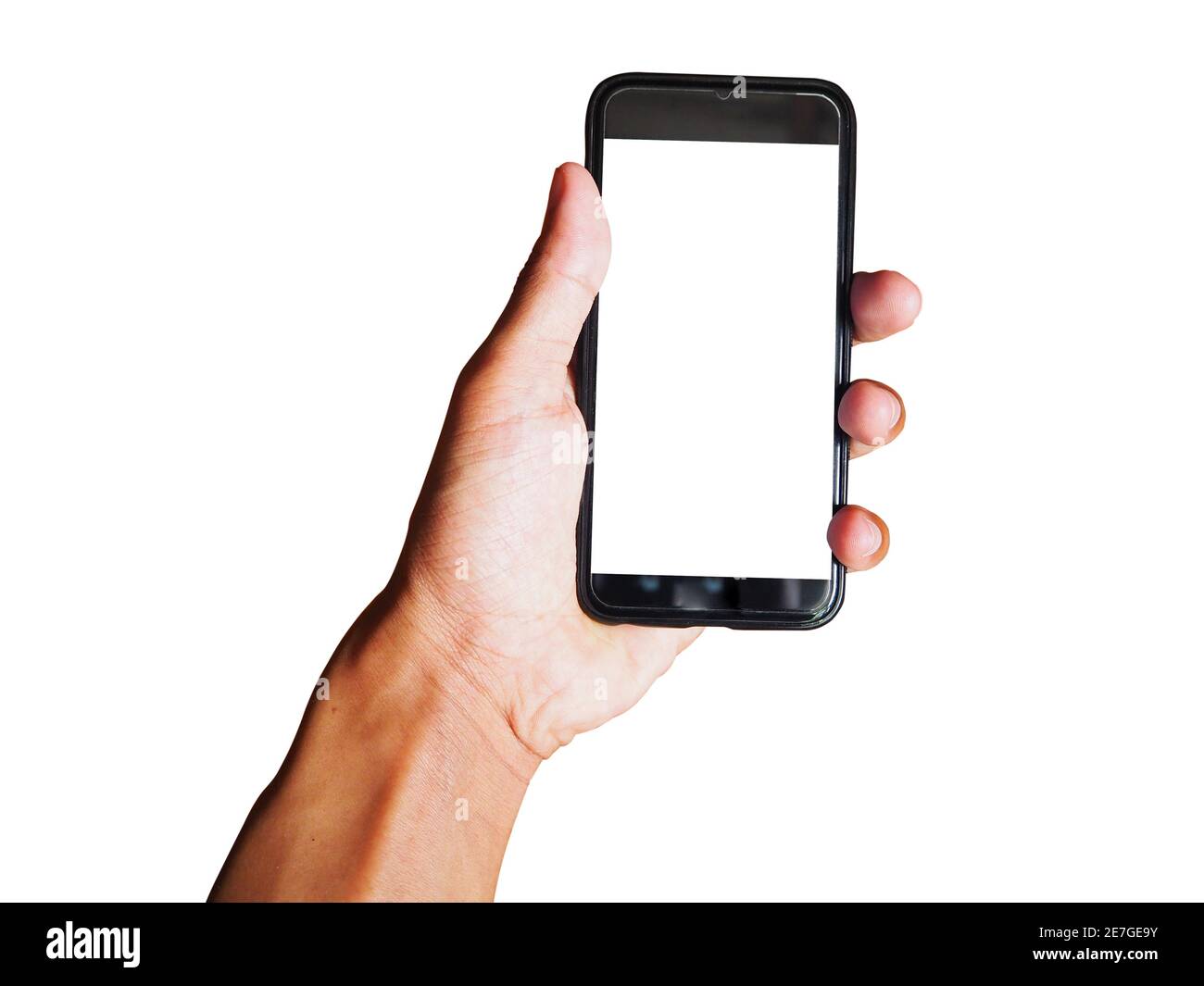 Young man hand holding black smartphone with blank screen isolated on ...