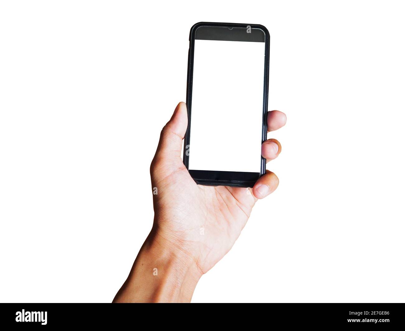 Young man hand holding black smartphone with blank screen isolated on ...