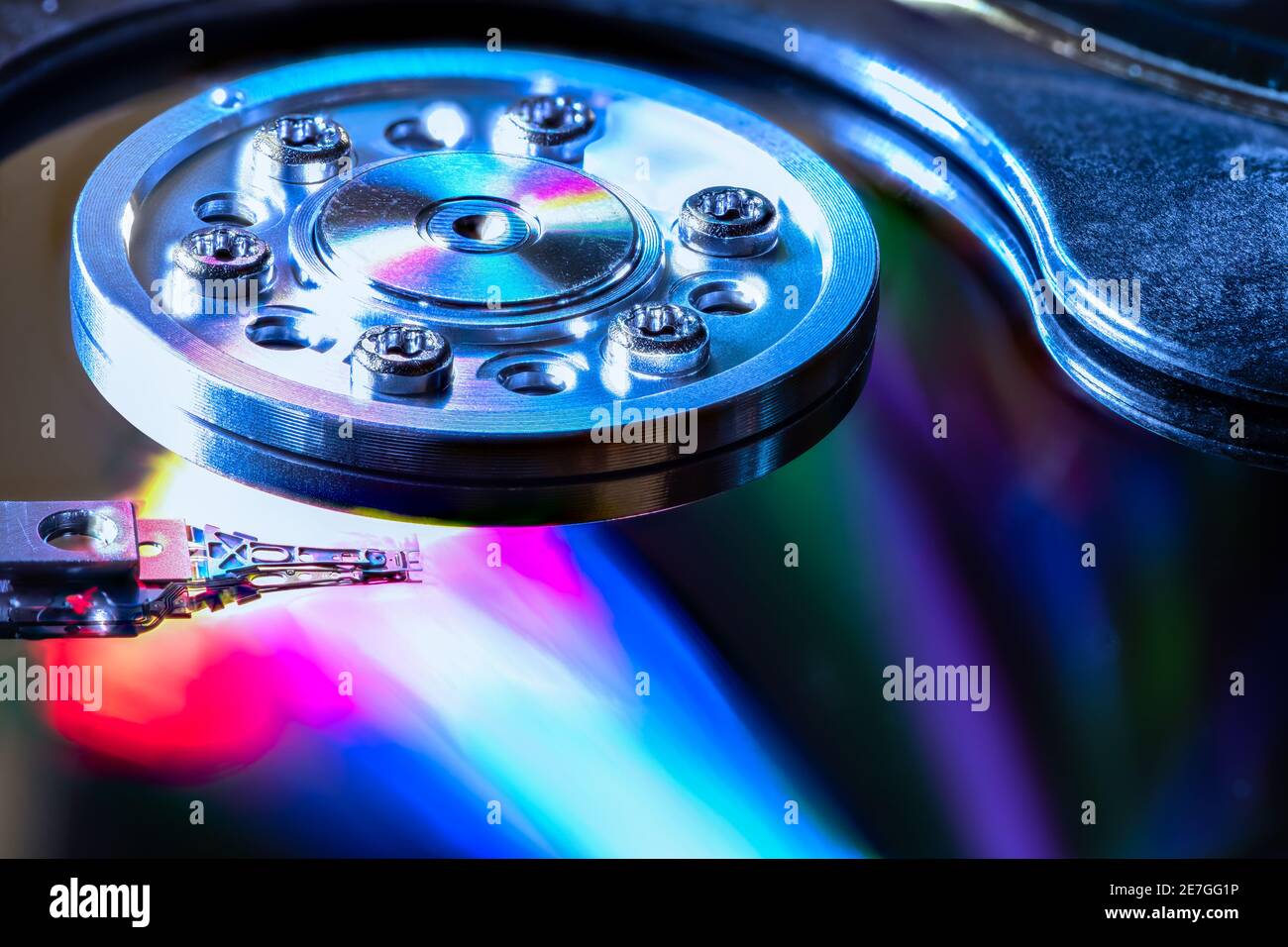 Macro of an open computer hard drive with the read/write head Stock