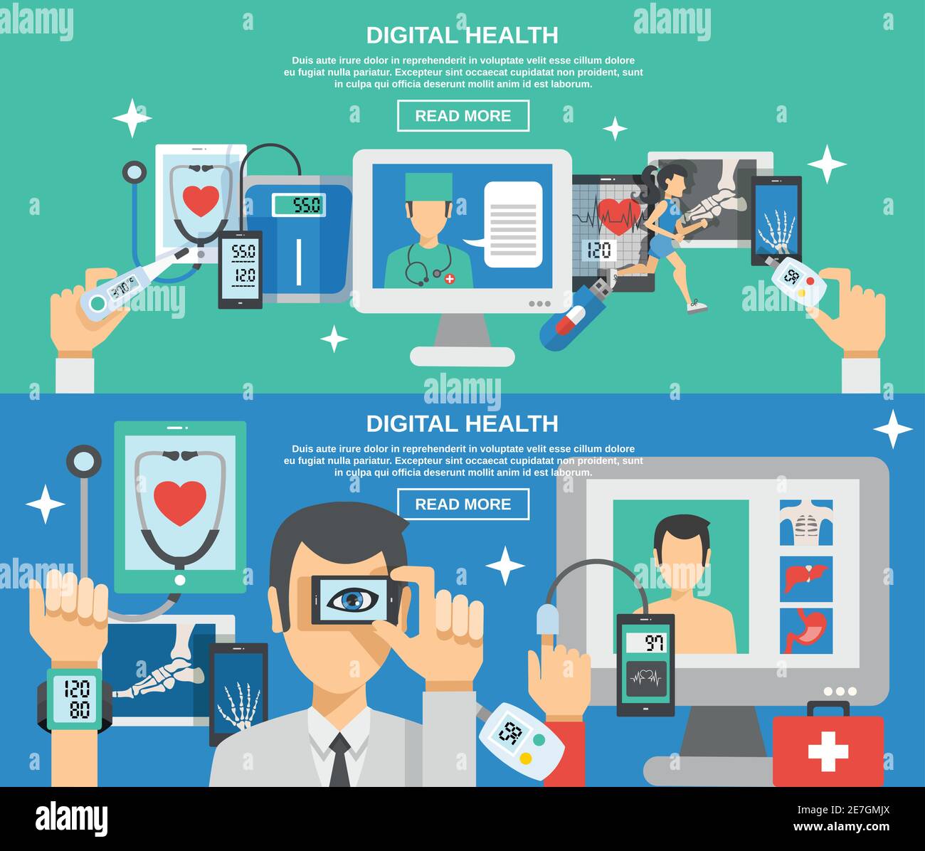 Digital health horizontal banner set with mobile medicine elements