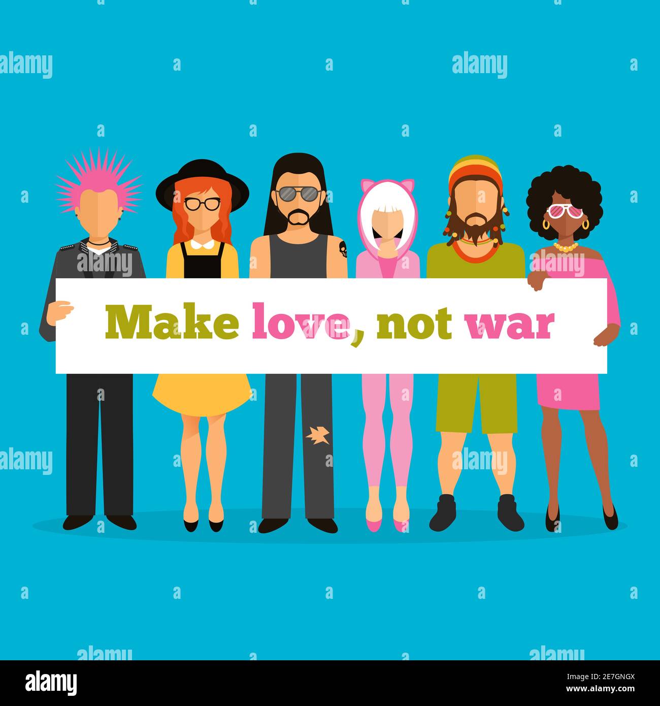 Group of different subcultures people with banner flat vector