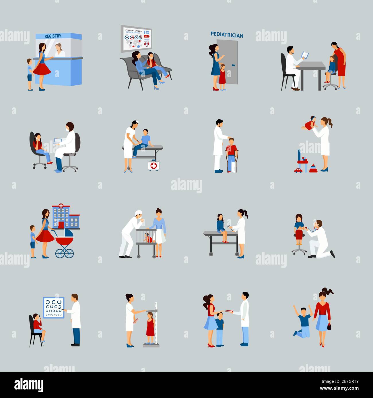 Pediatrician icons set with doctors children and parents silhouettes ...
