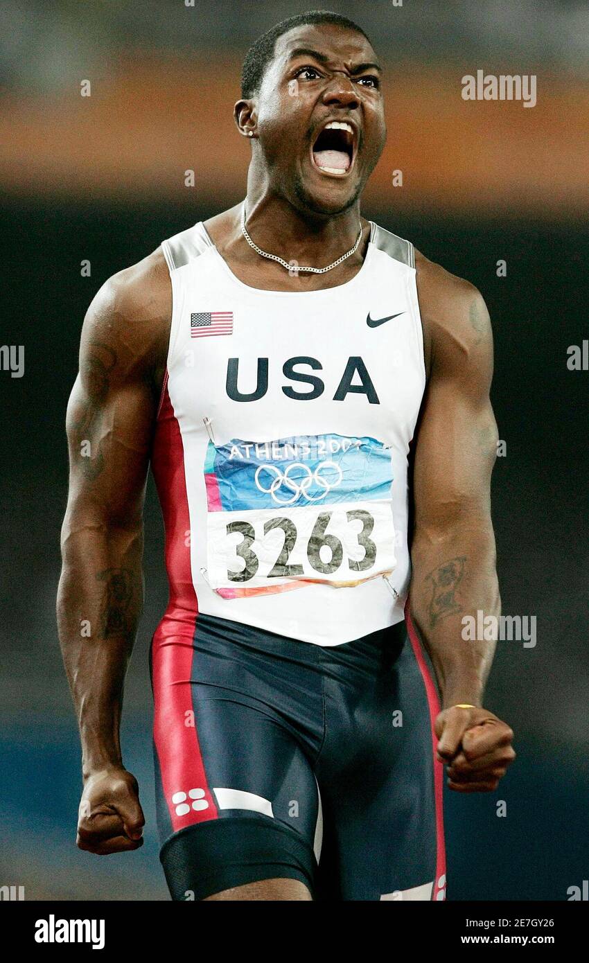 Justin Gatlin of the U.S. celebrates winning the men's 100 metres final at  the Athens 2004 Olympic Games, August 22, 2004. Justin Gatlin is learning  how to sprint again, and it has