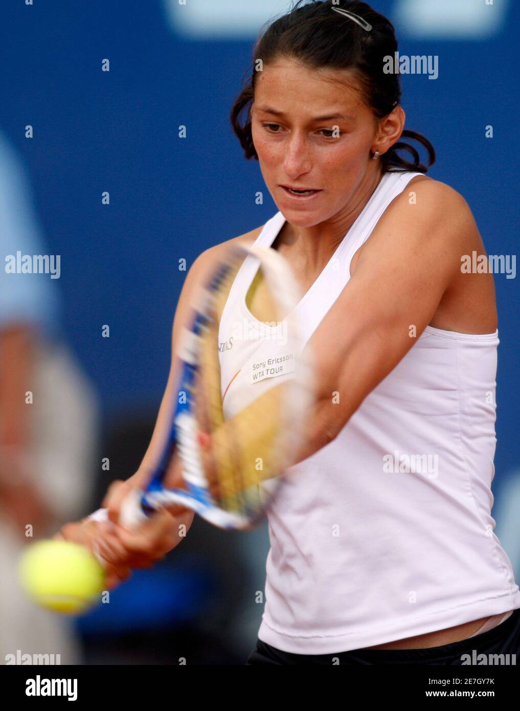 Colombia's Mariana Duque Marino returns a ball to Angelique Kerber of  Germany during the WTA Bogota Tennis tournamment final match in Bogota  February 21, 2010, in Bogota. Mariana won 6-4, 6-3. REUTERS/John