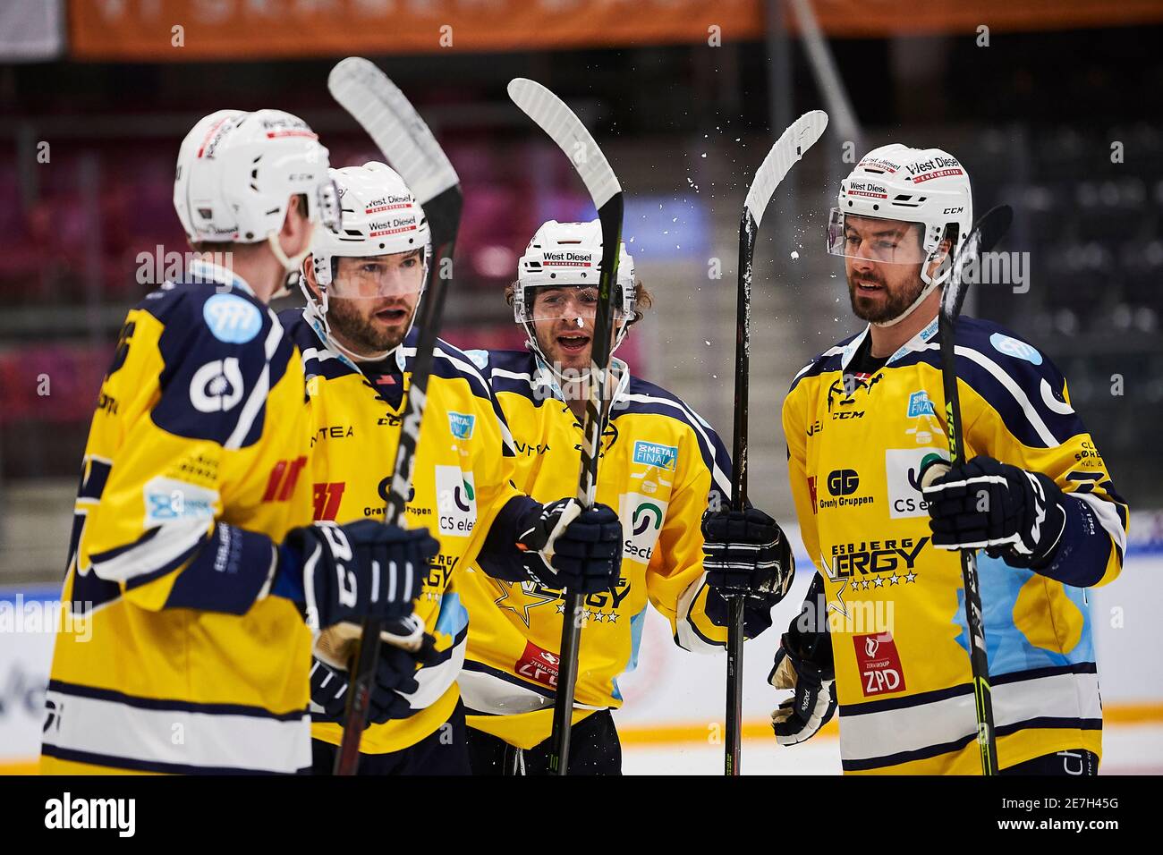 Aalborg, Denmark. 29th Jan, 2021. Players of Esbjerg Energy celebrate a  goal in the Metal Final 4 semi-final ice hockey match between Esbjerg  Energy and Aalborg Pirates at Bentax Isarena in Aalborg. (