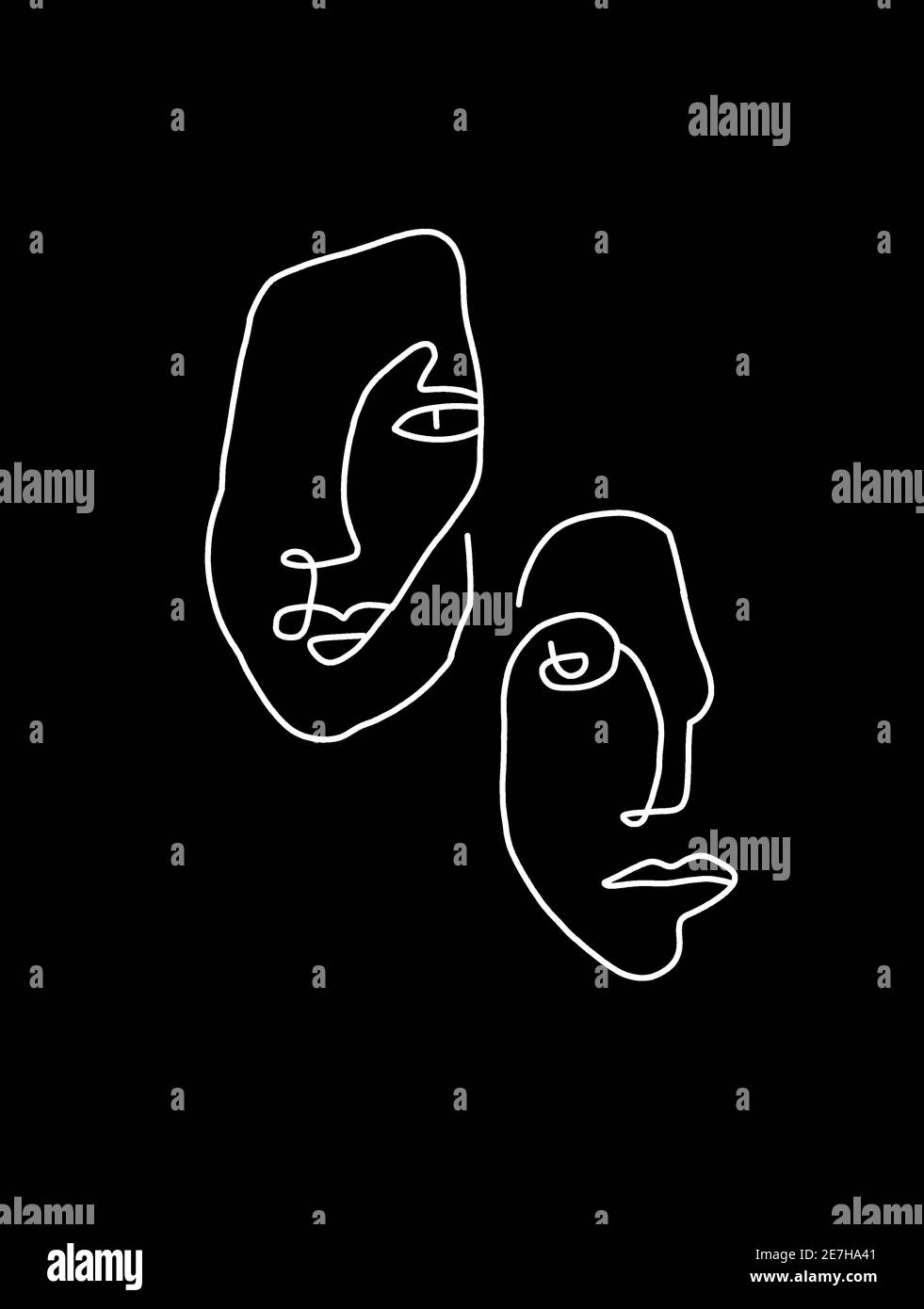 Illustration of white line art faces isolated on a black background ...