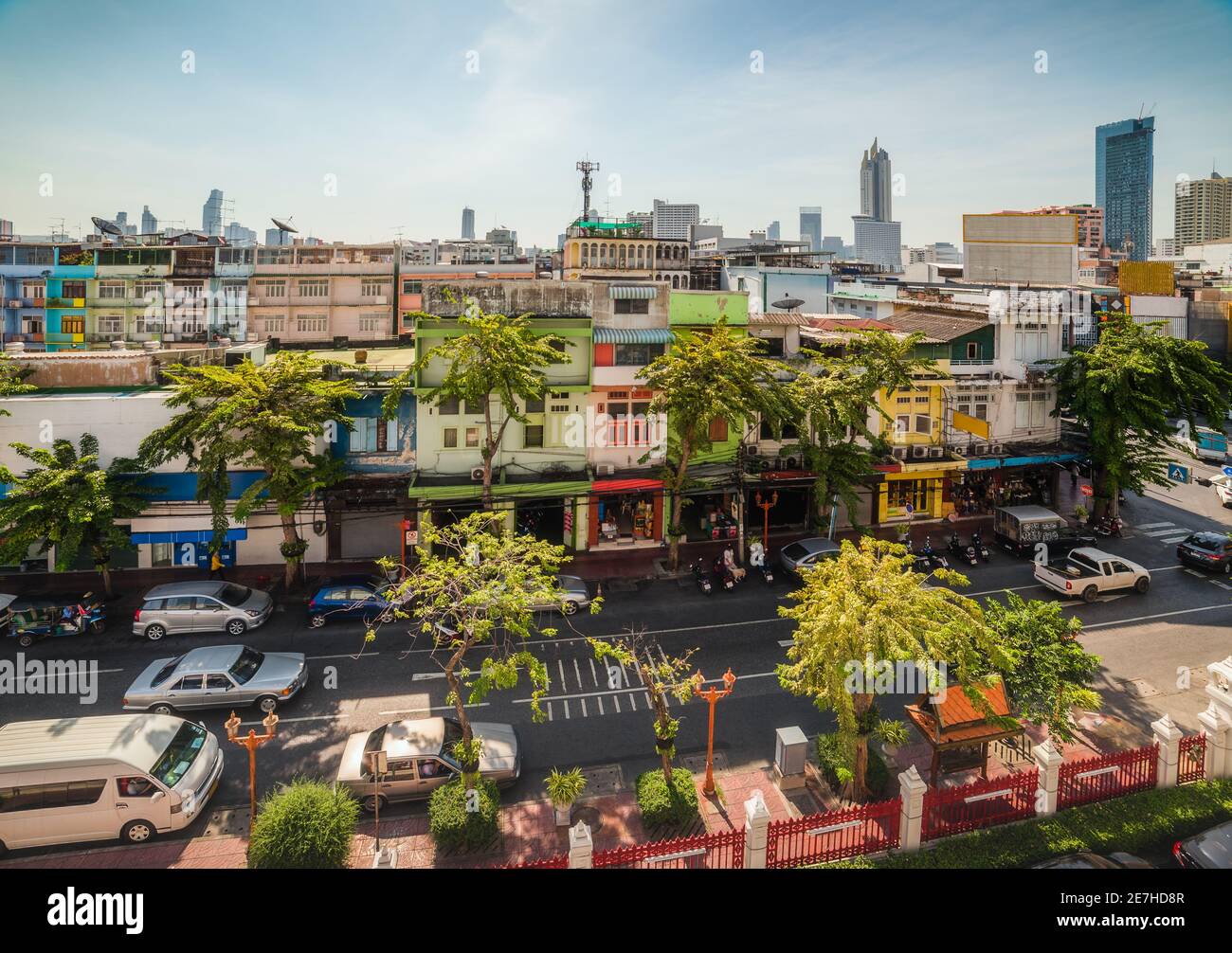 Sunny Day in the City. Ordinary Bangkok Street as Seen from the Temple of Golden Buddha in Thailand. Stock Photo