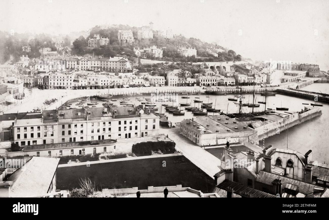 Vintage 19th century photograph: Harbour and town at Torquay, Devon, England Stock Photo