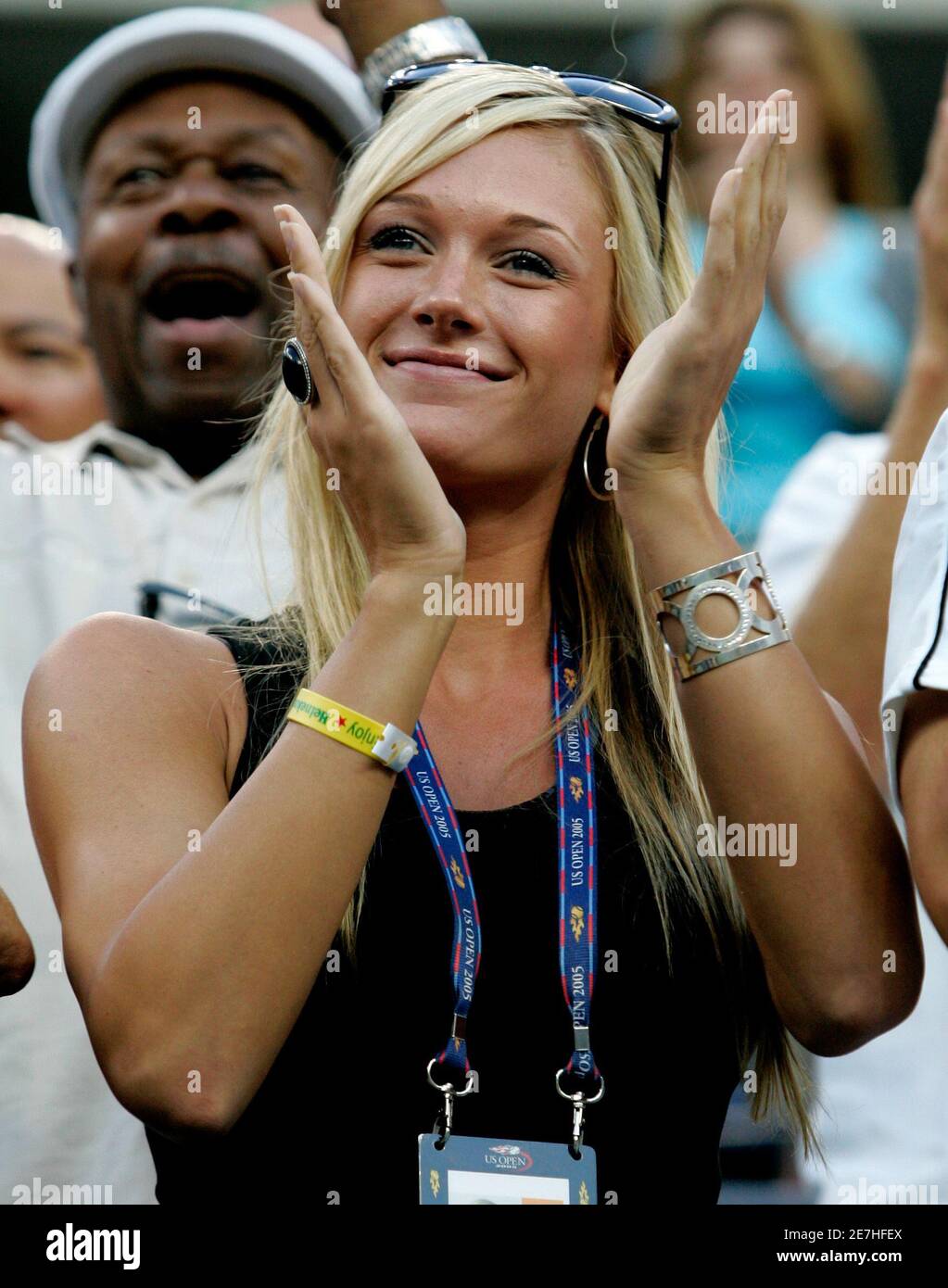 Jennifer Scholle, girlfriend of James Blake, cheers Blake on during his  match against Tommy Robredo of Spain at the U.S. Open tennis tournament in  Flushing Meadows, New York, September 5, 2005. Blake