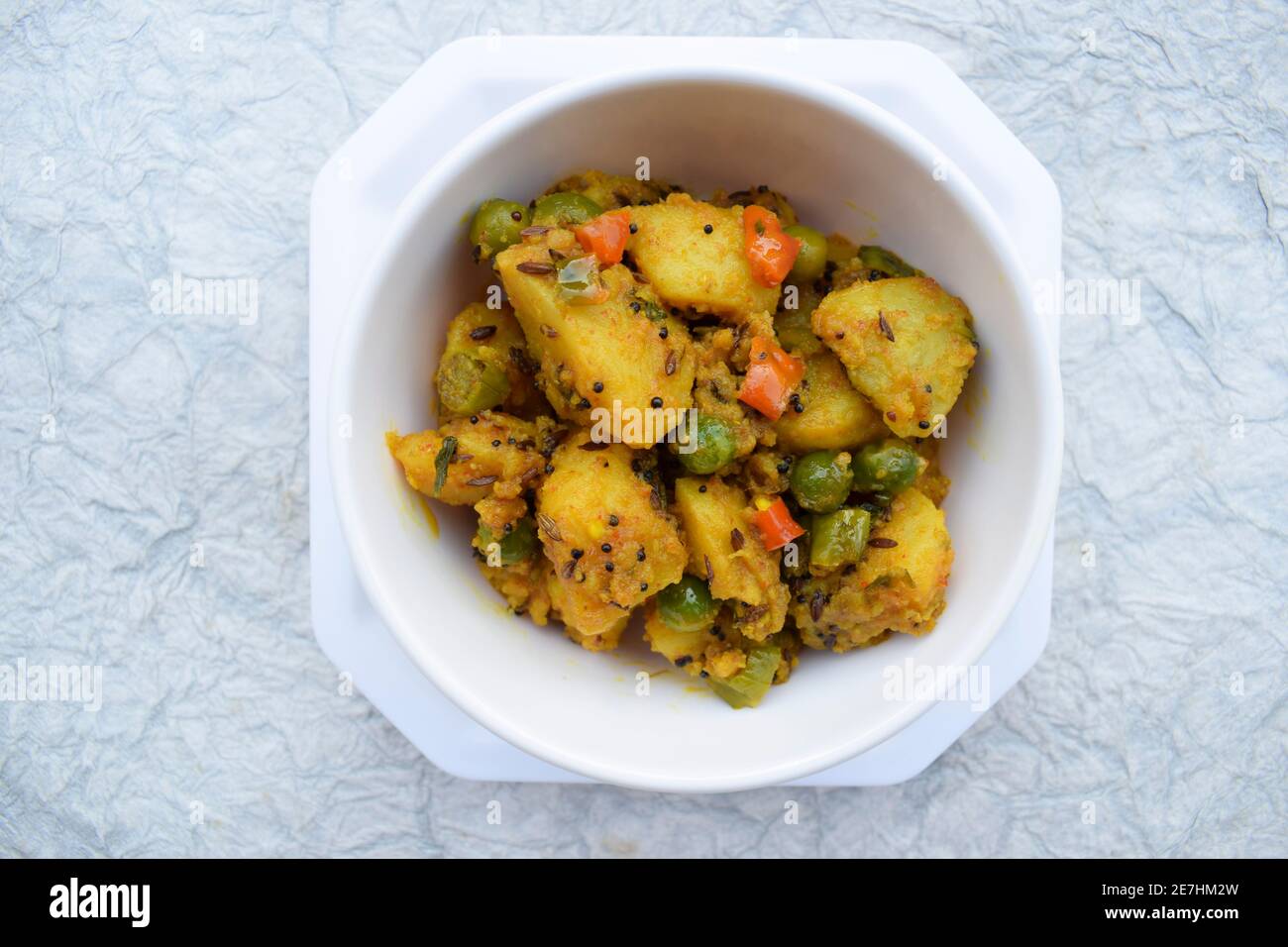 selective focus of Indian side dish curry Aloo mattar ki sabzi, popular