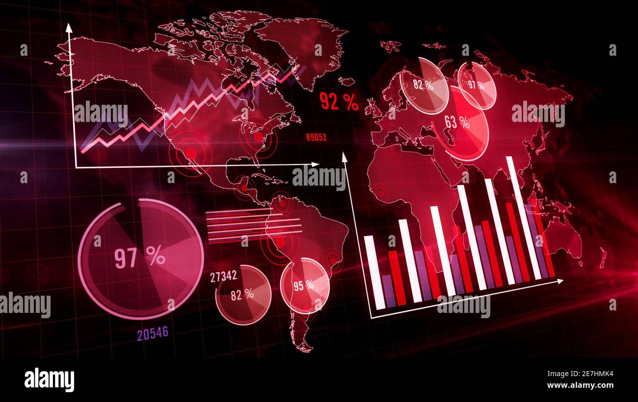 Global business statistics charts background. Pandemic, covid epidemic graph, stock market stats, global crisis, coronavirus world diagram. Abstract c Stock Photo