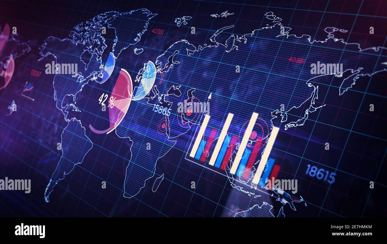 Global business statistics charts background. Pandemic, covid epidemic graph, stock market stats, global crisis, coronavirus world diagram. Abstract c Stock Photo