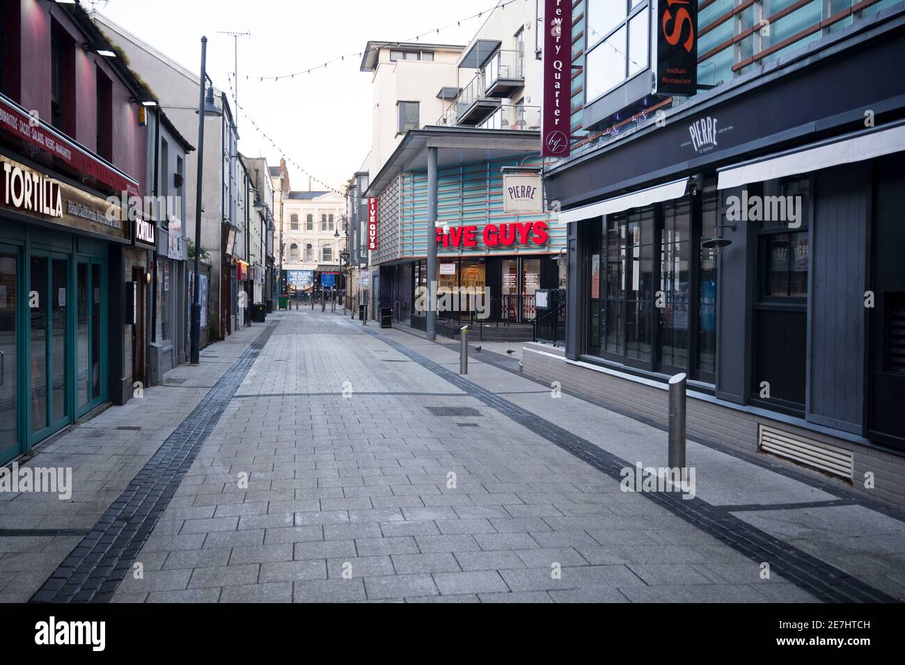 A general view of an empty Caroline Street (also known as chippy alley) in Cardiff, Wales