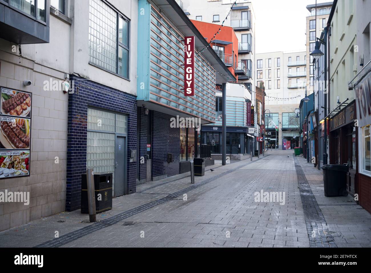 A general view of an empty Caroline Street (also known as chippy alley) in Cardiff, Wales