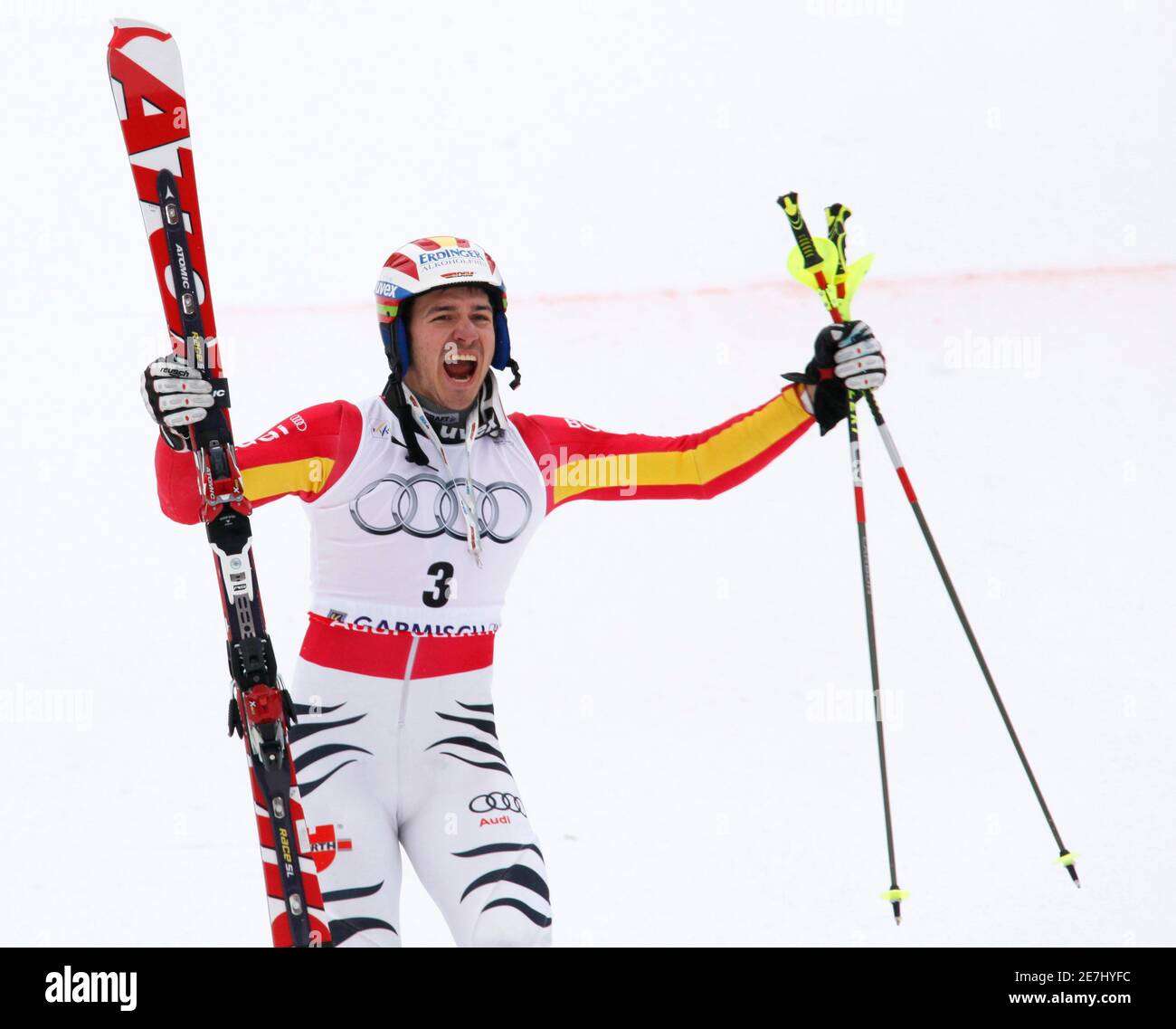 Felix Neureuther of Germany celebrates winning the men's Alpine Skiing World Cup Slalom in Garmisch-Partenkirchen March 13, 2010.  REUTERS/Wolfgang Rattay (GERMANY - Tags: SPORT SKIING) Stock Photo