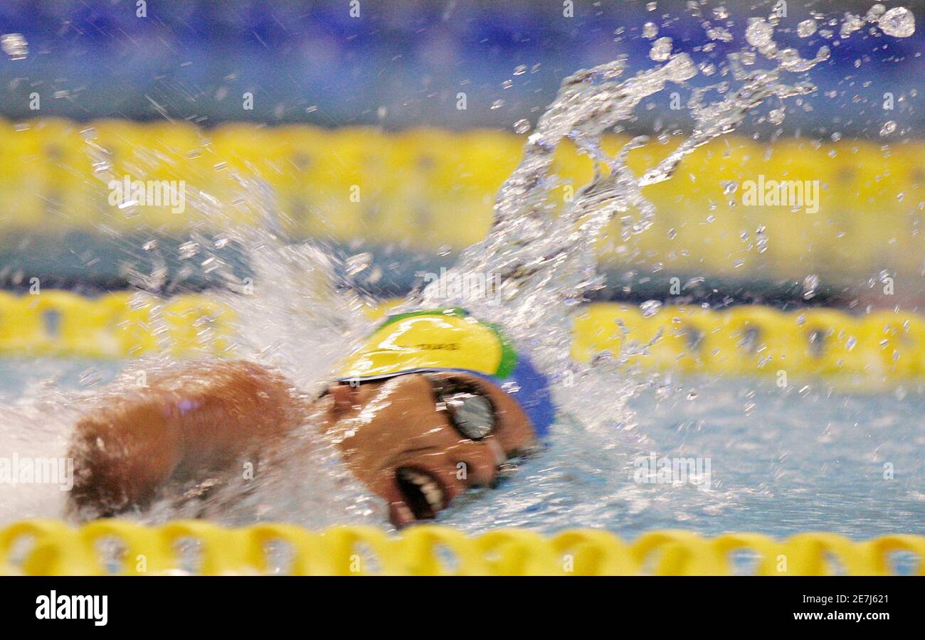 Brazil's Daniel Dias swims to win the men's 100m freestyle S5 final at the Parapan American Games in Rio de Janeiro August 18, 2007.  REUTERS/Sergio Moraes  (BRAZIL) Stock Photo