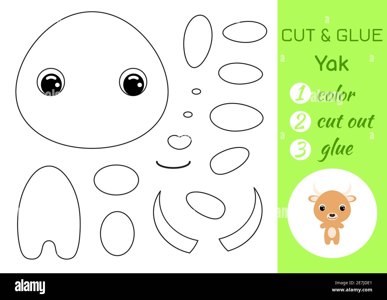 Coloring book cut and glue baby yak. Educational paper game for