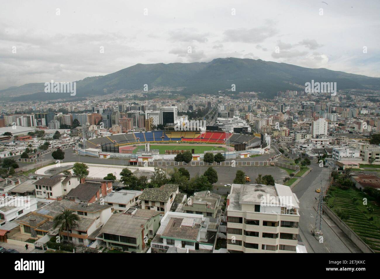 An overview of Atahualpa Stadium in Quito where Ecuador traditionally plays  its World Cup qualifying matches, at slightly over 2,800 meters (9,186  feet) above sea level, May 28, 2007. No international soccer