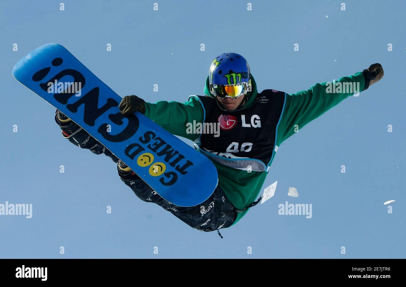 Daniel Kass of the U.S. competes during the men's Snowboard half pipe at  the FIS World Cup at La Molina resort, north of Barcelona, March 14, 2009.  Markus Keller won the competition,