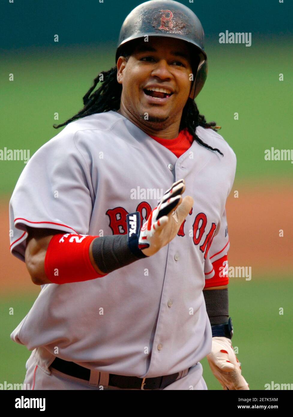Boston Red Sox batter Manny Ramirez after hitting his first of two home  runs off Cleveland Indians pitchers in the second inning of their MLB  American League baseball game in Cleveland, Ohio