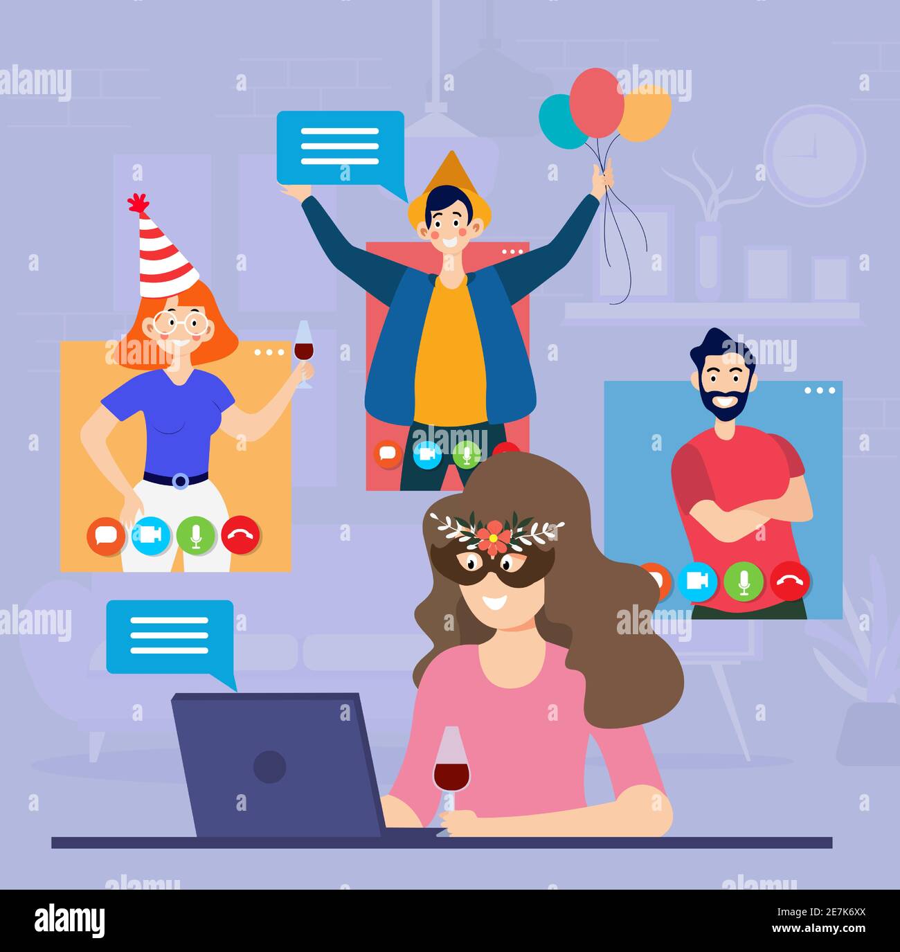 People celebrating New Year on computer video conferencing call. New normal and covid-19 concept. Flat design vector illustration Stock Vector