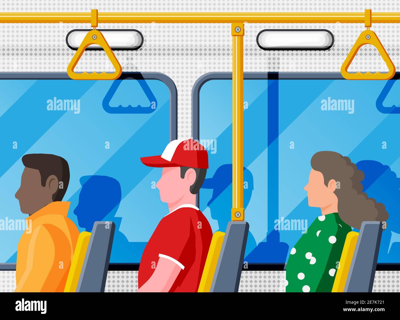 Interior of bus salon. Public city transport. Empty lounge inside modern bus. Seats, windows and handrail. Handles for safety transportations of passengers. Cartoon flat vector illustration Stock Vector Image & Art - Interior of bus salon. Public city transport. Empty lounge inside modern bus. Seats, windows and handrail. Handles for safety transportations of passengers. Cartoon flat vector illustration Stock Vector Image & Art -