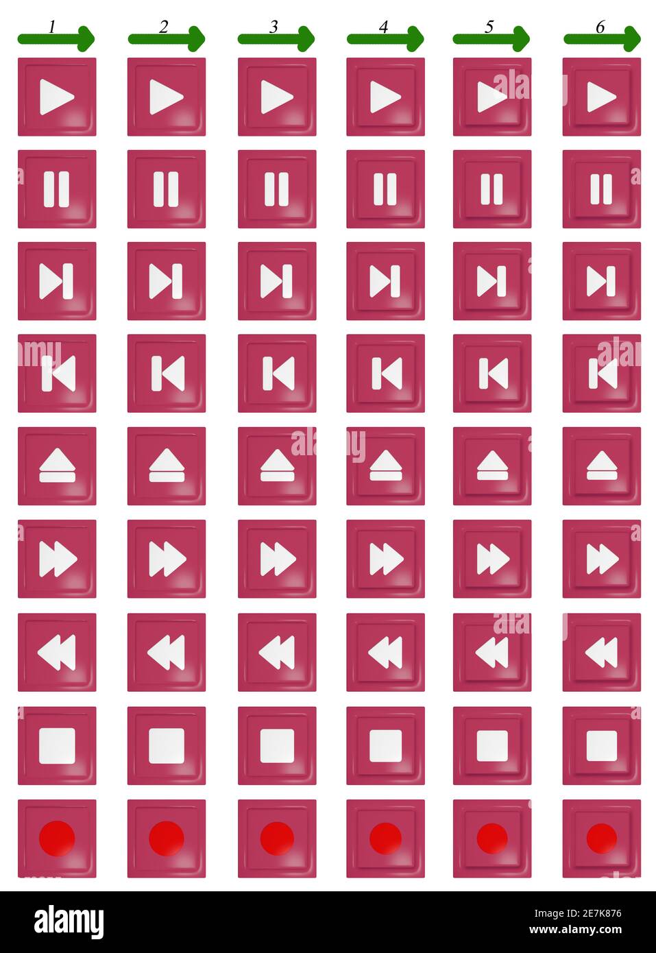 The animated media of the button of red color. Opportunity to create smooth pressing from 6 frames (for example in gif a format) Stock Photo