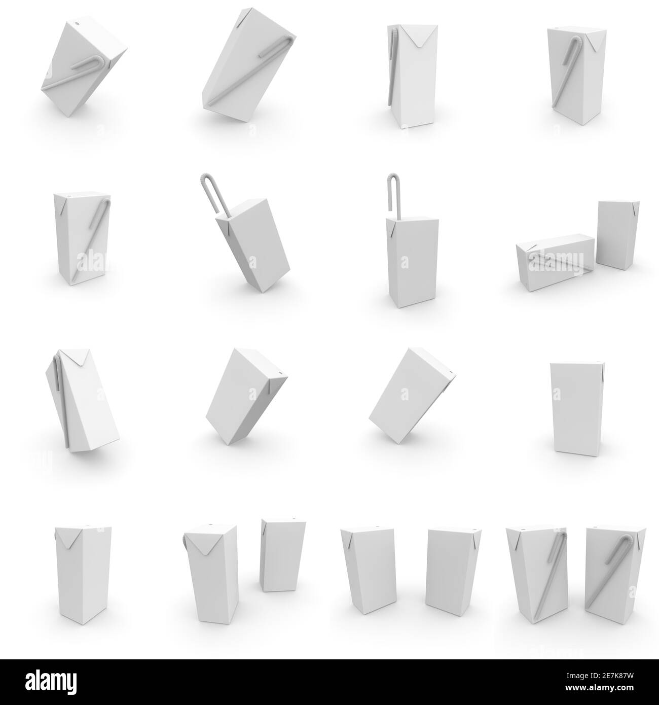 Large collection of empty juice boxes with straw for your design. 3D render. Isolated white