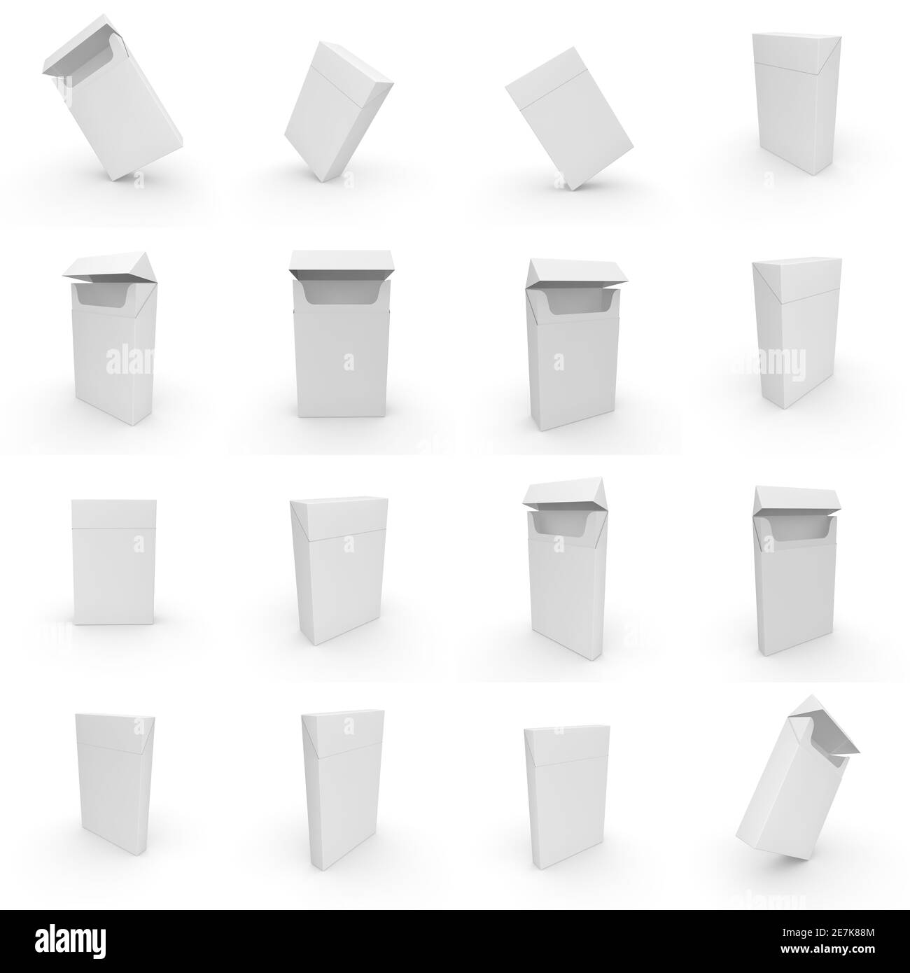 Large collection of empty cigarette boxes for your design. 3D render. Isolated white background Stock Photo