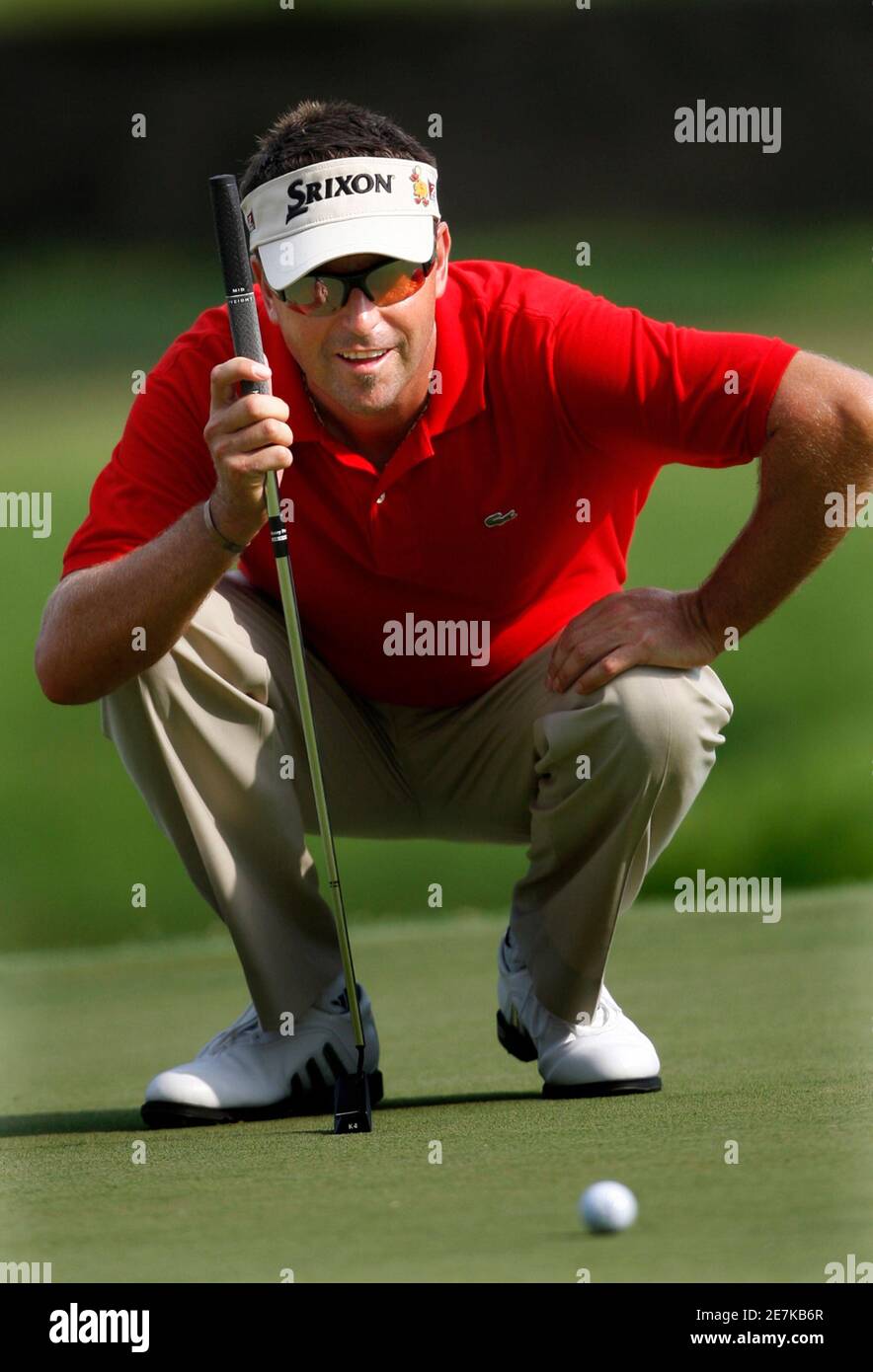 Robert Allenby of Australia lines up his putt on the eighteenth green during the third round of the St. Jude Classic golf tournament at TPC Southwind in Memphis, Tennessee June 13, 2009.   REUTERS/Nikki Boertman    (UNITED STATES SPORT GOLF) Stock Photo
